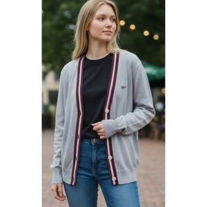 Lacoste Women's Stipe Detail Belted Button-Front Cardigan - Grey/Pink